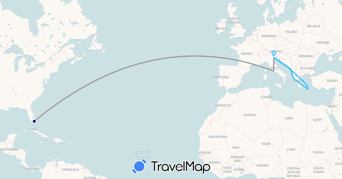 TravelMap itinerary: driving, plane, boat in Greece, Croatia, Italy, Montenegro, United States (Europe, North America)